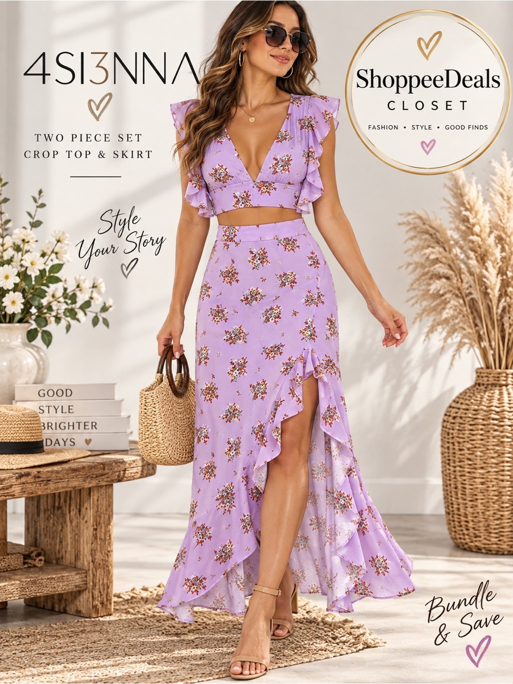 4SI3NNA Lavender Floral Ruffle Crop Top & Maxi Skirt Set XS